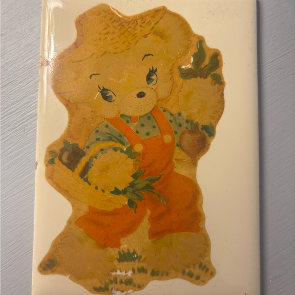 Wheeling Cushion Other - Vintage Ceramic Tile Lot of 2 Wheeling Cushion Boy and Girl Bear Nursery Accent